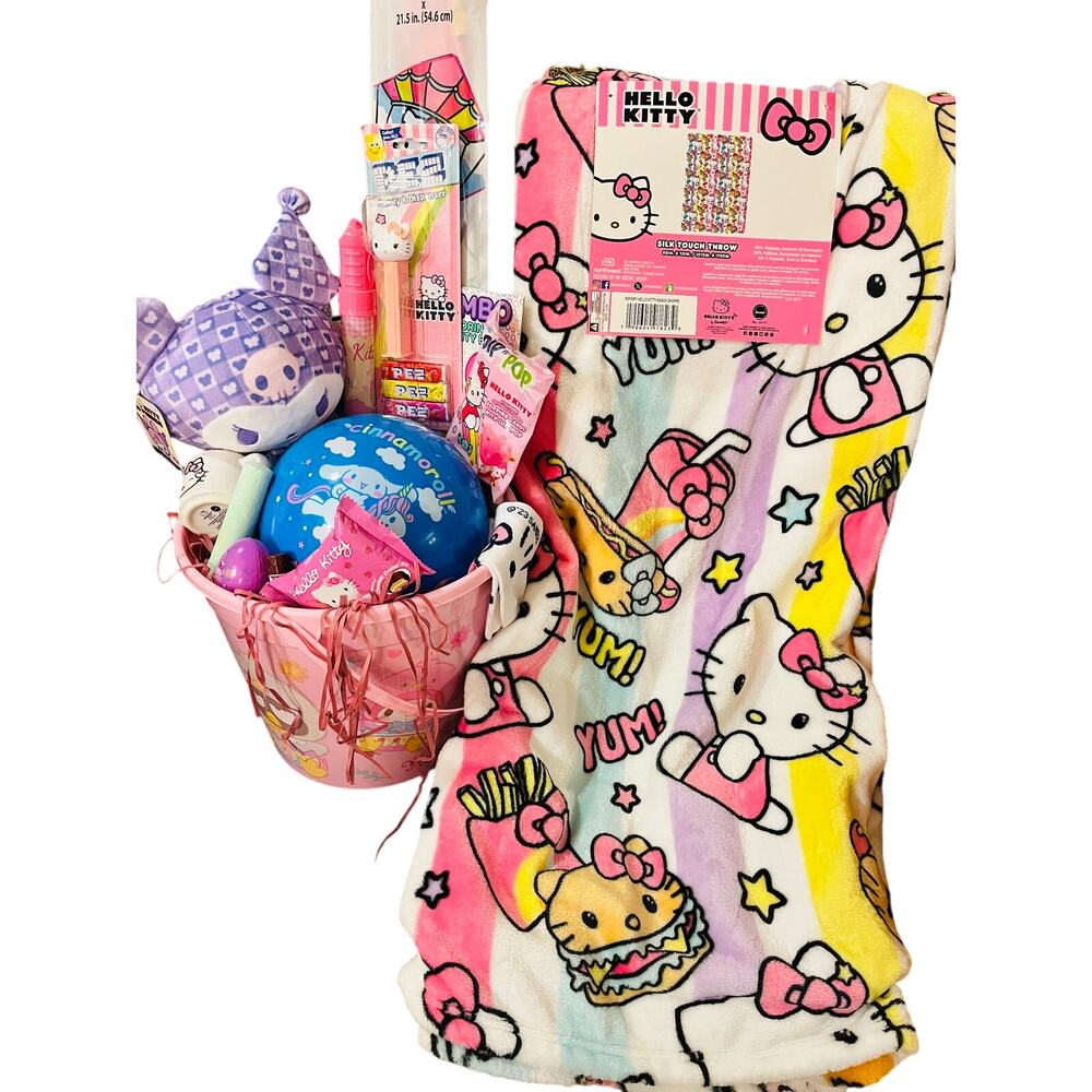 Hello Kitty Extra large bundle 50x70 snack shoppe throw , plastic Easter basket